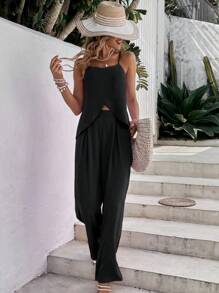 Breezaya Solid Cami Top & Wide Leg Pants - Black - View 1