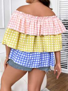 SHEIN Holidaya 大碼格子圖案一字肩荷葉邊襯衫 - 彩色 - 查看 2