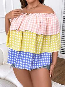 SHEIN Holidaya 大碼格子圖案一字肩荷葉邊襯衫 - 彩色 - 查看 4