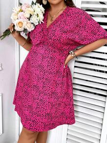 SHEIN LUNE 大碼滿版印花蝙蝠袖洋裝 - 玫紅色 - 查看 7