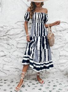 SHEIN VCAY Vestido con estampado de pincelada de hombros descubiertos bajo con fruncido - Multicolor - Ver 1