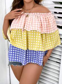 SHEIN Holidaya 大碼格子圖案一字肩荷葉邊襯衫 - 彩色 - 查看 5