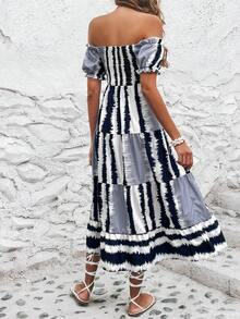 SHEIN VCAY Vestido con estampado de pincelada de hombros descubiertos bajo con fruncido - Multicolor - Ver 2