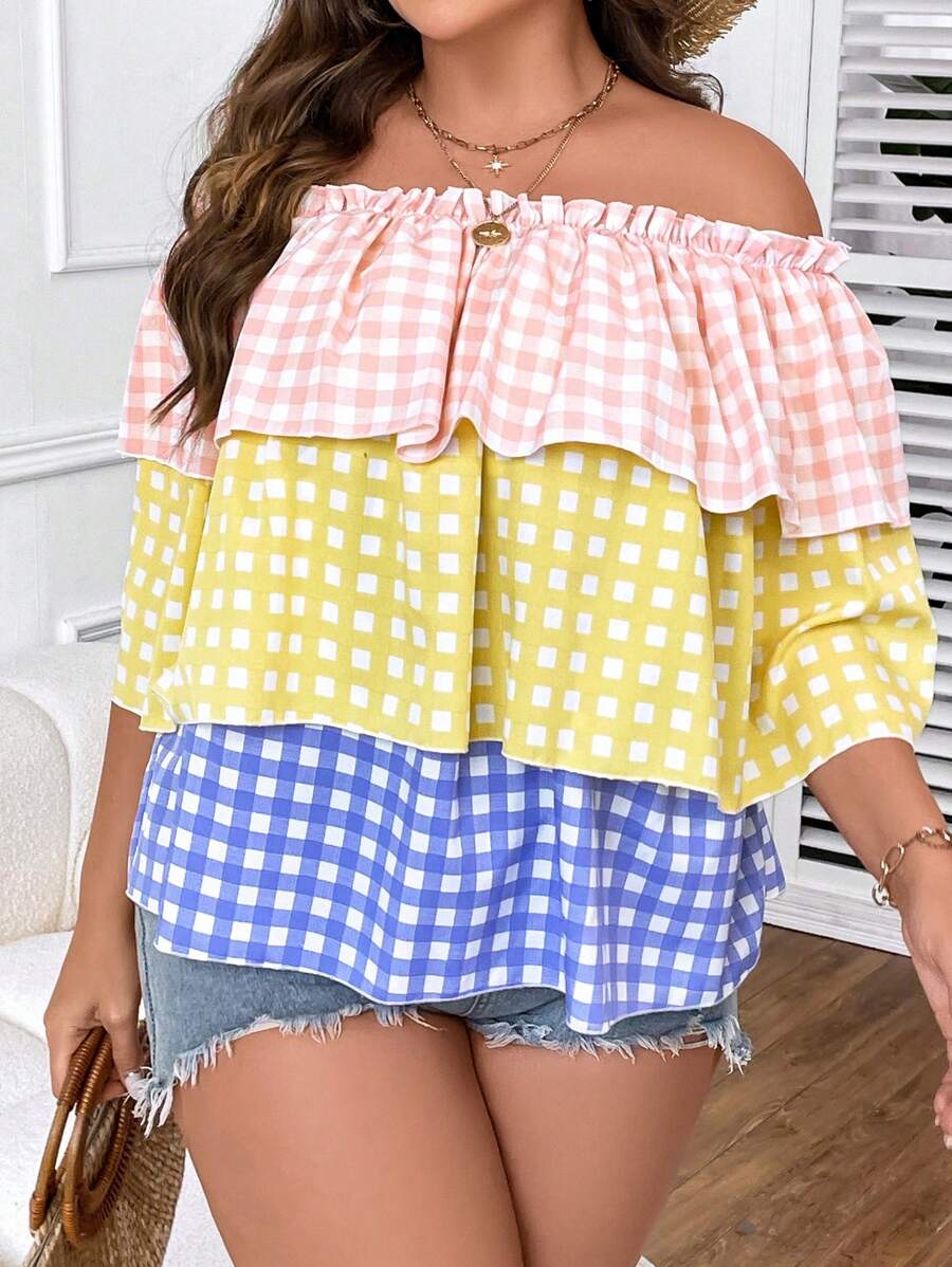 SHEIN Holidaya 大碼格子圖案一字肩荷葉邊襯衫 - 彩色 - 查看 1