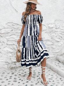 SHEIN VCAY Vestido con estampado de pincelada de hombros descubiertos bajo con fruncido - Multicolor - Ver 4