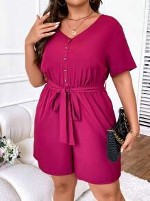SHEIN Clasi Plus Button Front Belted Romper - Hot Pink - View 1