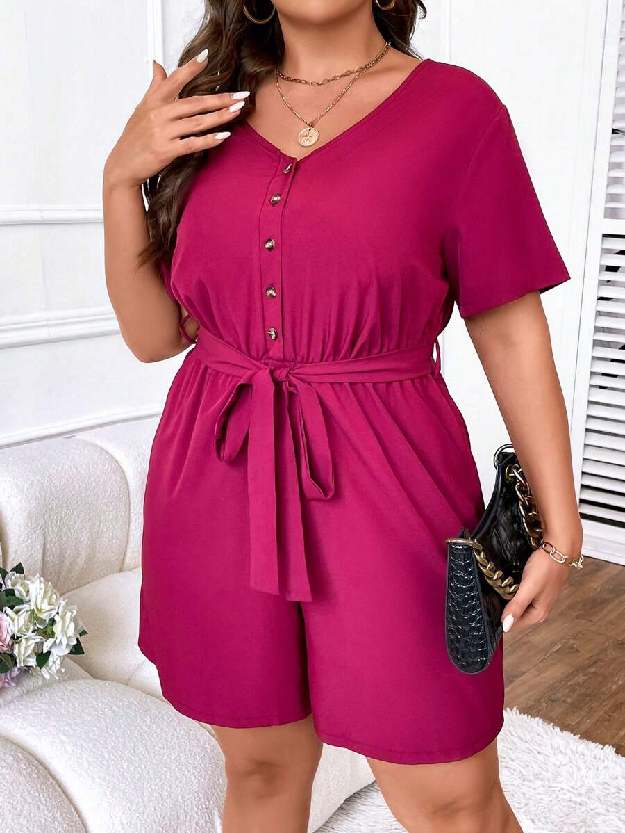 SHEIN Clasi Plus Button Front Belted Romper - Hot Pink - View 1