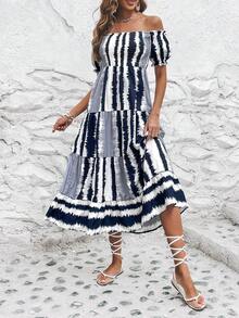 SHEIN VCAY Vestido con estampado de pincelada de hombros descubiertos bajo con fruncido - Multicolor - Ver 5