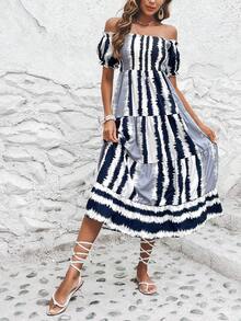 SHEIN VCAY Vestido con estampado de pincelada de hombros descubiertos bajo con fruncido - Multicolor - Ver 6