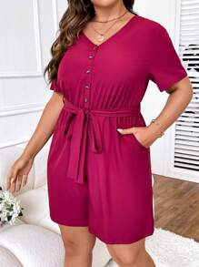 SHEIN Clasi Plus Button Front Belted Romper - Hot Pink - View 3