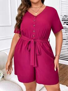 SHEIN Clasi Plus Button Front Belted Romper - Hot Pink - View 4