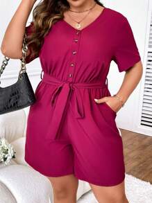 SHEIN Clasi Plus Button Front Belted Romper - Hot Pink - View 5