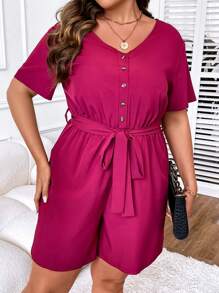 SHEIN Clasi Plus Button Front Belted Romper - Hot Pink - View 6