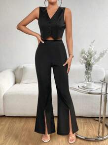 SHEIN Privé 前紐扣背心上衣和下擺開叉喇叭褲 - 黑色 - 查看 1