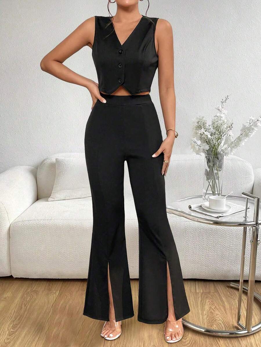 SHEIN Privé 前紐扣背心上衣和下擺開叉喇叭褲 - 黑色 - 查看 1