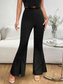 SHEIN Privé 前紐扣背心上衣和下擺開叉喇叭褲 - 黑色 - 查看 4