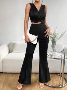 SHEIN Privé 前紐扣背心上衣和下擺開叉喇叭褲 - 黑色 - 查看 7