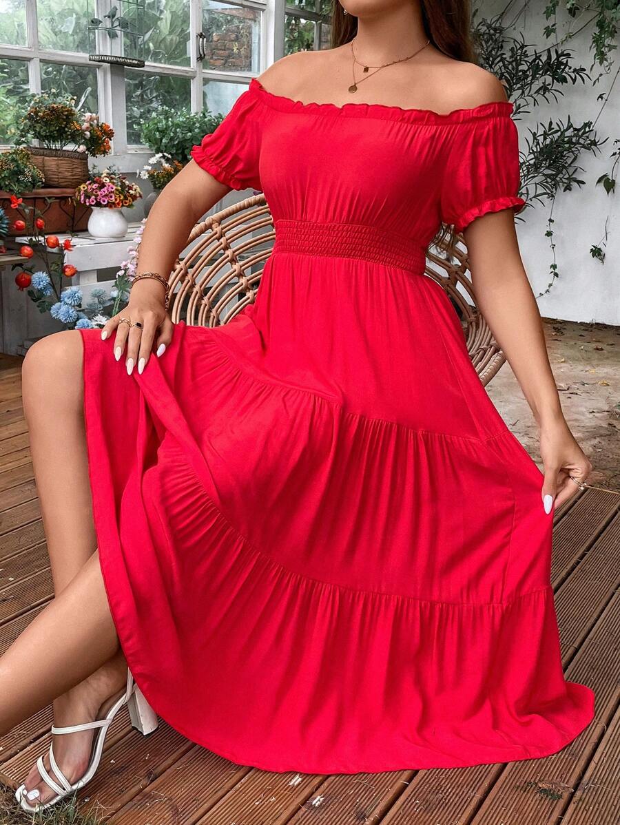 SHEIN LUNE Plus Off Shoulder Layered Hem Dress - Red - View 1