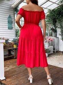 SHEIN LUNE Plus Off Shoulder Layered Hem Dress - Red - View 2