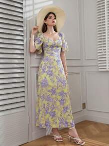 Seusyu Floral Print Sweetheart Neck Puff Sleeve Dress - Yellow - View 1