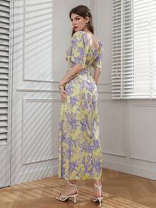 Seusyu Floral Print Sweetheart Neck Puff Sleeve Dress - Yellow - View 2