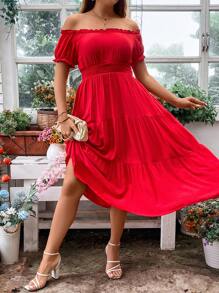 SHEIN LUNE Plus Off Shoulder Layered Hem Dress - Red - View 5