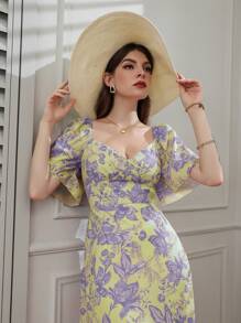 Seusyu Floral Print Sweetheart Neck Puff Sleeve Dress - Yellow - View 3