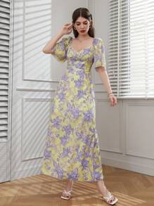 Seusyu Floral Print Sweetheart Neck Puff Sleeve Dress - Yellow - View 5