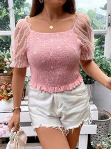 SHEIN Clasi 大碼印花網紗拼接泡泡袖荷葉邊襯衫 - 粉色 - 查看 1