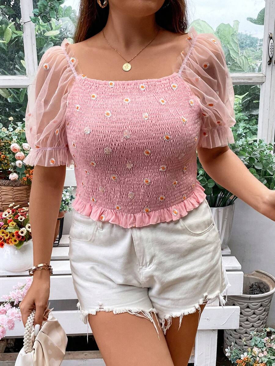 SHEIN Clasi 大碼印花網紗拼接泡泡袖荷葉邊襯衫 - 粉色 - 查看 1