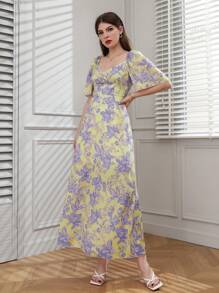 Seusyu Floral Print Sweetheart Neck Puff Sleeve Dress - Yellow - View 6
