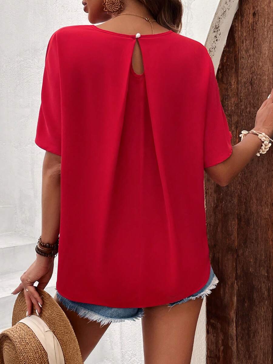 SHEIN LUNE Blusa unicolor de manga murciélago de espalda con abertura de ojo - Rojo - Ver 1