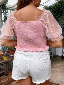 SHEIN Clasi 大碼印花網紗拼接泡泡袖荷葉邊襯衫 - 粉色 - 查看 2