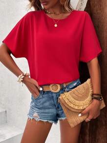 SHEIN LUNE Blusa unicolor de manga murciélago de espalda con abertura de ojo - Rojo - Ver 3