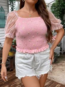 SHEIN Clasi 大碼印花網紗拼接泡泡袖荷葉邊襯衫 - 粉色 - 查看 3