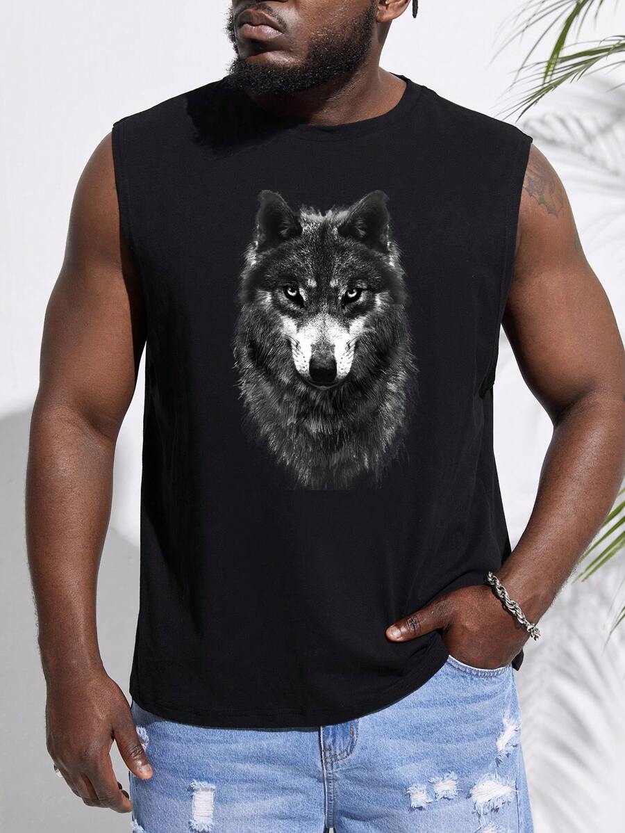 GENTILAND 男士棉狼印花背心上衣 - 黑色 - 查看 1