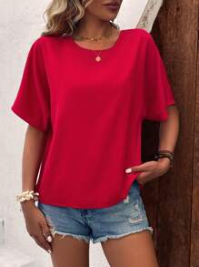 SHEIN LUNE Blusa unicolor de manga murciélago de espalda con abertura de ojo - Rojo - Ver 5