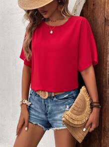 SHEIN LUNE Blusa unicolor de manga murciélago de espalda con abertura de ojo - Rojo - Ver 6