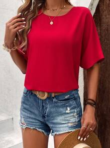 SHEIN LUNE Blusa unicolor de manga murciélago de espalda con abertura de ojo - Rojo - Ver 7