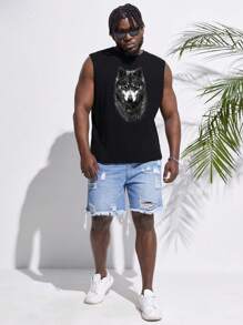 GENTILAND 男士棉狼印花背心上衣 - 黑色 - 查看 4