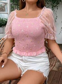 SHEIN Clasi 大碼印花網紗拼接泡泡袖荷葉邊襯衫 - 粉色 - 查看 7