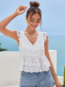 SHEIN VCAY Áo sơ mi nữ Xù Viên lá sen Tranh thêu màu trơn Dễ thương - trắng - Xem 3