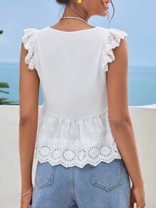 SHEIN VCAY Áo sơ mi nữ Xù Viên lá sen Tranh thêu màu trơn Dễ thương - trắng - Xem 2