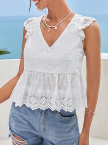 SHEIN VCAY Áo sơ mi nữ Xù Viên lá sen Tranh thêu màu trơn Dễ thương - trắng - Xem 4