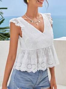 SHEIN VCAY Áo sơ mi nữ Xù Viên lá sen Tranh thêu màu trơn Dễ thương - trắng - Xem 5