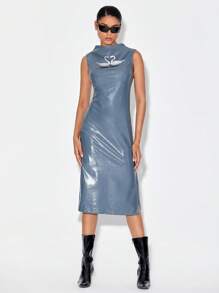 DESIGNED BY TONY Đầm Tách cao Thú vật Giải trí - Màu xanh bụi bặm - Xem 1