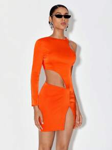 Sogna One Shoulder Cut Out Split Hem Bodycon Dress - Orange - View 4