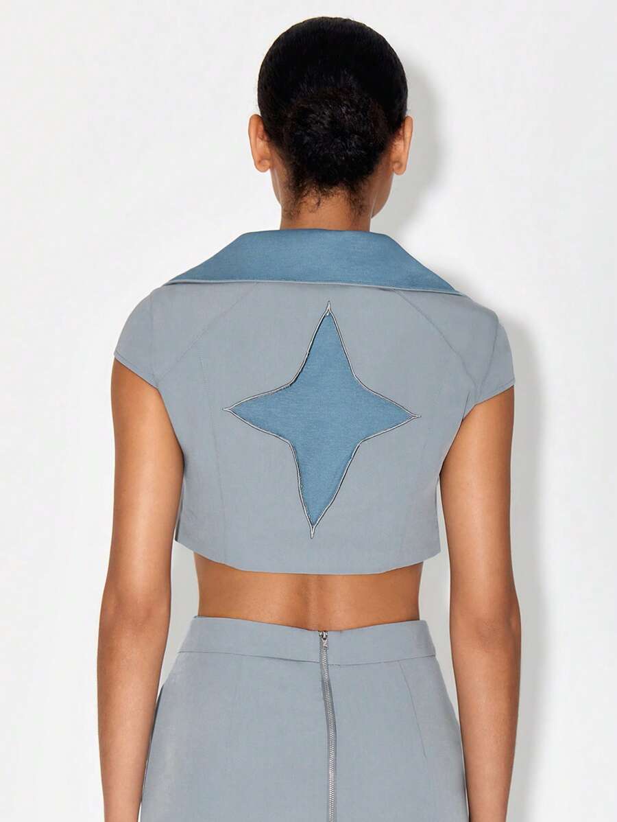 DESIGNED BY TONY Designer Star Print Zipper Placket Crop Top, For Summer, Holiday, Vacation, Going Out, Festival, Ibiza Fits - Light Grey - View 1