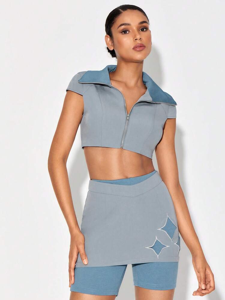 Designer Star Print Zipper Placket Crop Top, For Summer, Holiday, Vacation, Going Out, Festival, Ibiza Fits