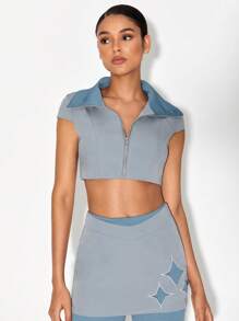 DESIGNED BY TONY Designer Star Print Zipper Placket Crop Top, For Summer, Holiday, Vacation, Going Out, Festival, Ibiza Fits - Light Grey - View 6